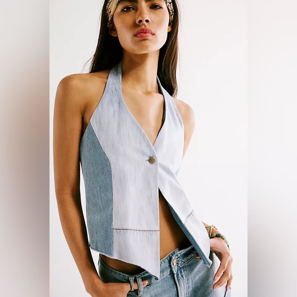FREE PEOPLE x‎ Tricia Fix Upcycled Denim Split Halter Top Vest Size Medium New
